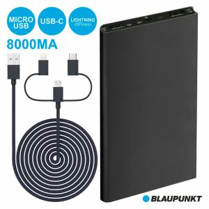 Powerbank 8000Ma c/ 3 Fichas e Cabo Preto BLAUPUNKT
