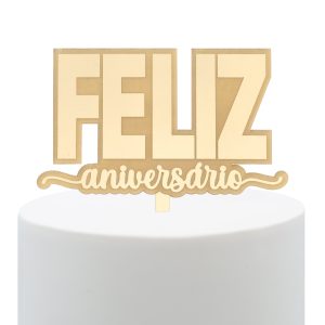 Topper Ouro Espelhado Feliz Aniversário